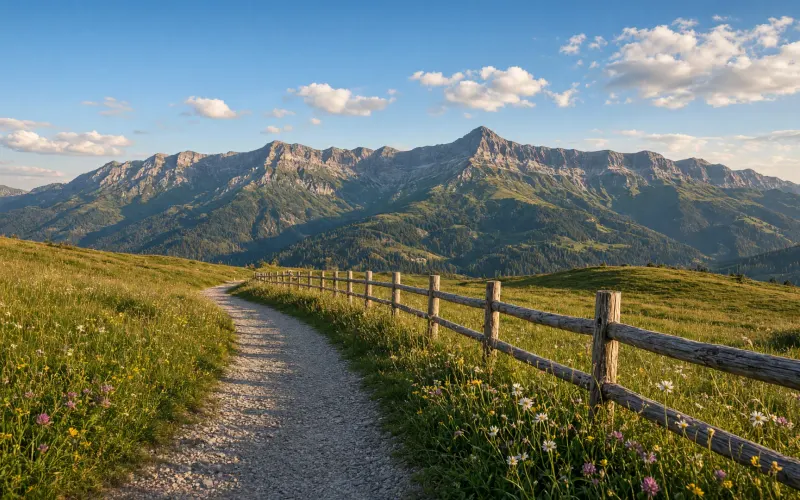Sanfte grüne Almwiesen am Imberg bei Oberstaufen mit Holzzaun und Wanderweg, dahinter die Nagelfluhkette mit dem Hochgrat im Spätsommerlicht