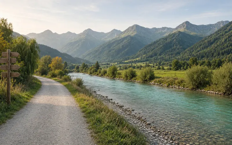 Geschotterter Radweg an der türkisgrünen Iller, links ein hölzerner Wegweiser, dahinter bewaldete Berge im Herbstlicht