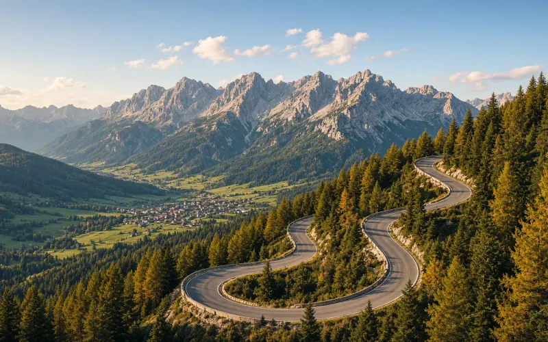 Die Jochstraße windet sich in engen Kehren durch den Bergwald oberhalb von Bad Hindelang, unten das grüne Ostrachtal, dahinter die Allgäuer Alpen im Herbstlicht