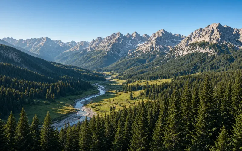 Blick von oben über das bewaldete Stillachtal bei Oberstdorf, dahinter die Gipfel der Allgäuer Alpen im klaren Morgenlicht