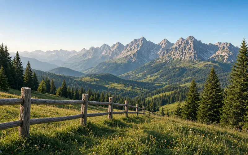 Sonnige Almwiese mit Holzzaun am Söllereck bei Oberstdorf, darunter das grüne Tal und die Gipfel der Allgäuer Alpen unter blauem Himmel