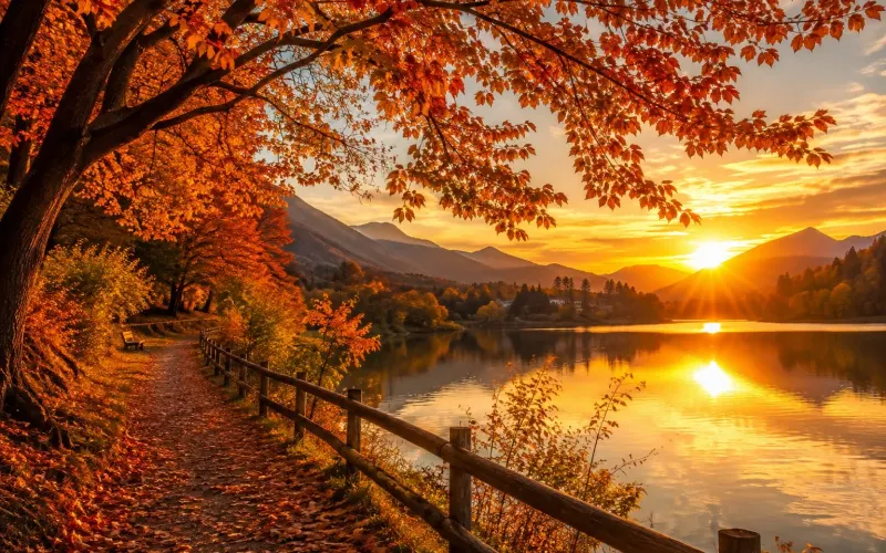 Uferweg an einem See im Allgäu im Abendlicht mit Bergen im Hintergrund