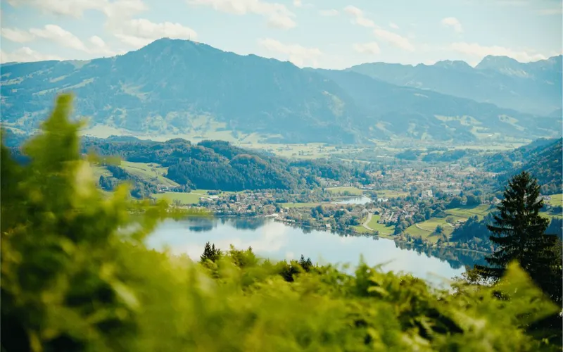 Blick vom Berg über den Großen Alpsee bei Immenstadt auf die Allgäuer Alpen