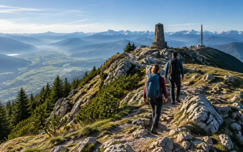 Wanderer auf dem felsigen Gipfelgrat des Grünten mit Denkmal und Sendemast, Blick weit über das Allgäu