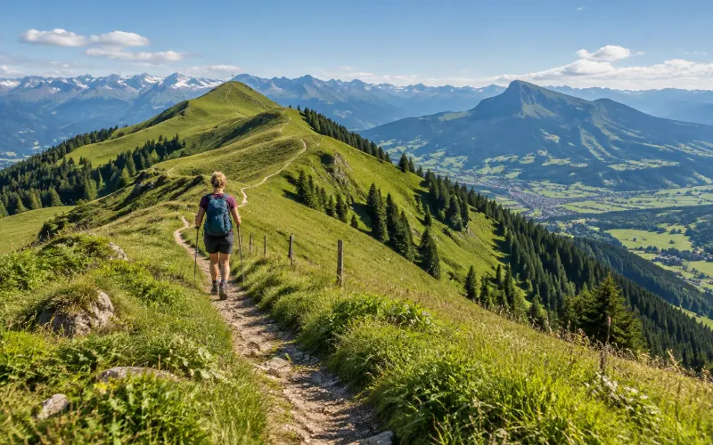 Wanderin auf dem Panoramaweg über den grünen Grat der Hörnerkette, rundum Alpwiesen und die Allgäuer Alpen