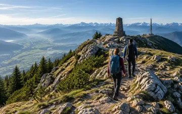 Wanderer auf dem felsigen Gipfelgrat des Grünten mit Denkmal und Sendemast, Blick weit über das Allgäu