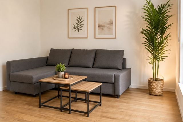 Gemütliches Wohnzimmer einer hundefreundlichen Ferienwohnung im Allgäu mit Ecksofa und pflegeleichtem Holzboden